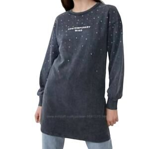 Zara Gray Studded Slogan "Contemporary Mind" Sweatshirt Dress Tunic Women's S